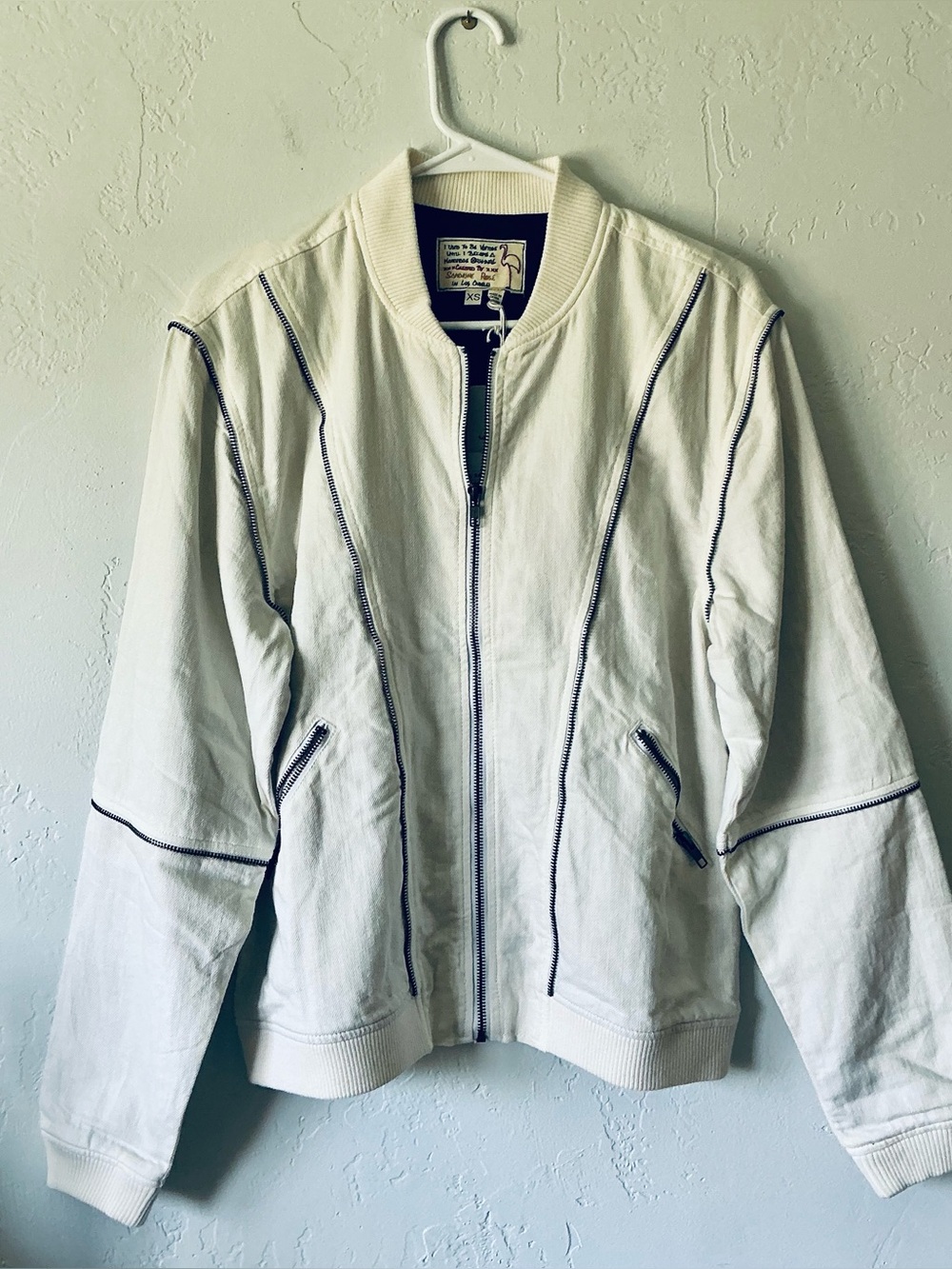 NWT Sandrine Rose White Zip-Front Bomber Moto Jacket  - Oversized